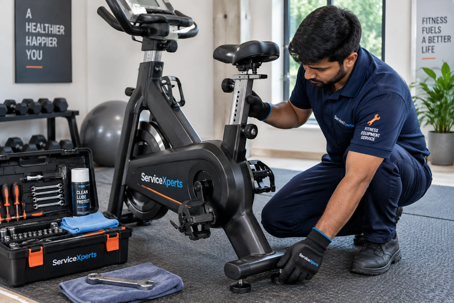 Exercise bike drive belt replacement and flywheel servicing