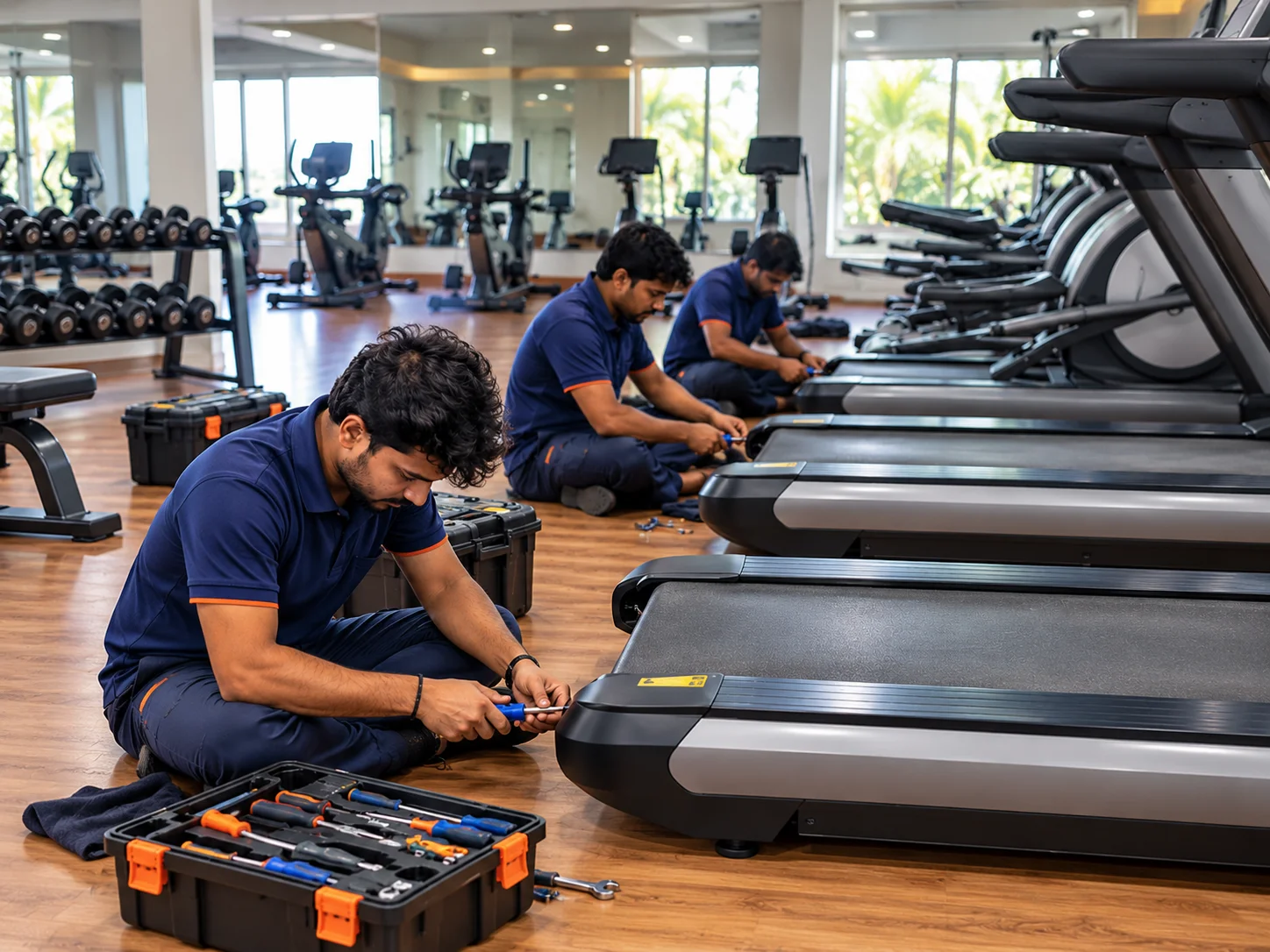 Certified gym equipment technician repairing treadmill at doorstep